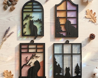 Window Cat Suncatcher Ornament Set SVG DXF, Laser Cut Files Glowforge, Car Charm Mirror Hanger, Stained Glass Arch Frame