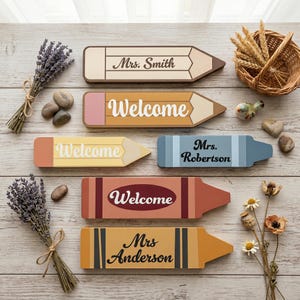 Teacher Name Pencil Crayon Sign Bundle SVG DXF, Laser Cut Files Glowforge Cricut, Back to School Welcome Sign (Digital Download)