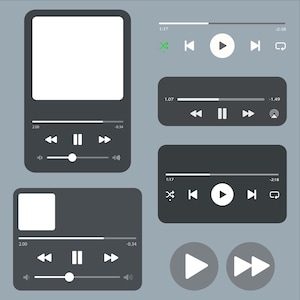 May include: A digital illustration of several dark gray music player interfaces. The designs include play, pause, skip, and volume controls. The background is a solid light gray color.