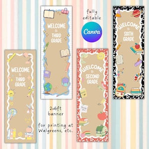 Op de afbeelding: Vier verticale klasbanners met een beige achtergrond en witte geschulpte randen. Elke banner bevat schoolgerelateerde illustraties zoals boeken, globes en rugzakken, met de tekst Welcome to Third Grade, Second Grade, or Sixth Grade.