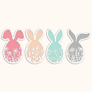 Oeufs de lapin floraux en couches SVG, lapin de Pâques fleurs sauvages, fichiers découpés au laser Glowforge Silhouette Cricut, décor de printemps de plateau à plusieurs niveaux, animal de la ferme
