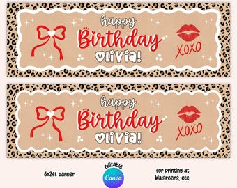 Printable Leopard Print Birthday Banner, 2x6ft Editable Canva Template, Photo Prop, Wall Backdrop (Digital Download)