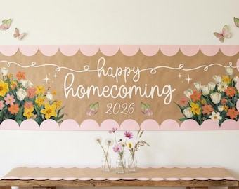 Printable Happy Homecoming Banner, 6x2ft Editable Canva Template, School Hoco Dance, Scallop Border Photo Prop Backdrop (Digital Download)