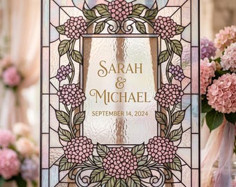 Hydrangea Flower Faux Stained Glass Wedding Welcome Sign Digital Template, Acrylic Wedding Sign