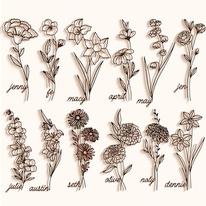 誕生月の花のアウトラインバンドルSVG DXF、レーザーカットファイルGlowforgeシルエットCricut、誕生日バレンタインデーのユニークなギフト（彼女と彼女のお母さん、奥様への愛）
