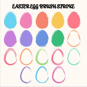 Puede incluir: Un conjunto de 20 ilustraciones de trazos de pincel de huevos de Pascua en varios colores, incluidos azul, rosa, naranja, amarillo, verde, morado y azul claro. Las ilustraciones tienen forma de huevo y están dispuestas en una cuadrícula.