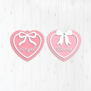 Ausgebogte rosa Coquette Herz Tags SVG DXF, Laser Cut-Dateien Glowforge Silhouette Cricut, personalisierte Name Schlüsselanhänger, Korb Holz Acryl