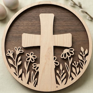 Vildblomma Kors Rund Skylt SVG DXF, Laserskurna Filer Glowforge, Silhouette Cricut, Blommig Påsk Ytterdörrhängare, Kristen Vårdekor