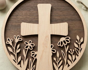 Wildblumen Kreuz Rundes Zeichen SVG DXF, Laser Cut Dateien Glowforge, Silhouette Cricut, Floral Ostern Türschild, Christian Frühlingsdekor