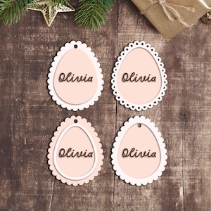 Oeuf de Pâques festonné, étiquettes SVG DXF, fichiers découpés au laser Glowforge Silhouette Cricut, nom personnalisé porte-clé, étiquette acrylique en bois de panier