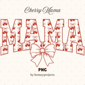 Laço Cherry Mama PNG, Impressão por Sublimação Dtf Dtg, Soft Girl Era Mom Club, Frutas Decorativas Primavera Verão, Fita Coquette, Dia das Mães na Moda