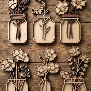 Elegante ramo de flores en un frasco SVG DXF, archivos cortados con láser Glowforge Cricut, flores silvestres en maceta, arte lineal minimalista con contorno de planta