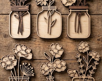 Elegant Flower Bouquet in a Jar SVG DXF, Laser Cut Files Glowforge Cricut, Potted Wildflower, Minimalist Plant Outline Line Art