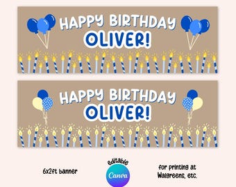 May include: A tan rectangular birthday banner featuring the text HAPPY BIRTHDAY OLIVER! in white and blue letters. The design includes blue balloons and a row of lit blue and white striped candles along the bottom. Text below reads 6x2ft banner.