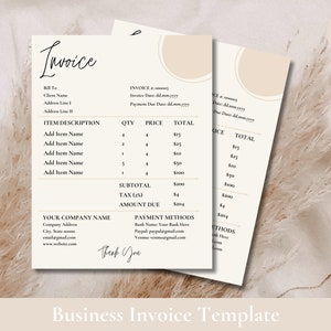 Puede incluir: Una plantilla de factura comercial beige y marrón con un título manuscrito "Factura". La plantilla incluye secciones para información de facturación, descripción del artículo, cantidad, precio, total, subtotal, impuestos, importe total, métodos de pago y datos de contacto de la empresa. La plantilla tiene un diseño minimalista con un fondo beige y texto negro.