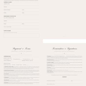 May include: A beige Independent Contractor Agreement form with sections for company information, scope of work, payment terms, and signatures. The document includes fields for dates, names, and contact details.