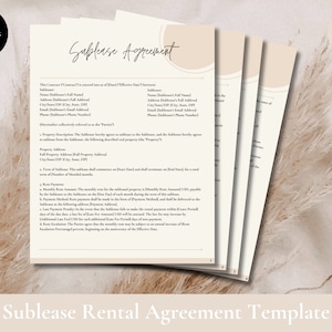 Könnte beinhalten: Eine beige und braune Untermietvereinbarung Vorlage mit dem Titel "Sublease Agreement" in handschriftlicher Schrift. Die Vorlage ist für die Verwendung mit Canva konzipiert.