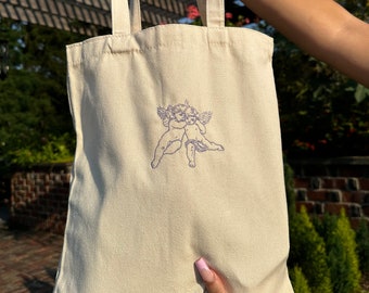 Embroidered Beige Angel Tote Bag