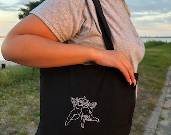 Embroidered Angel Black Tote Bag