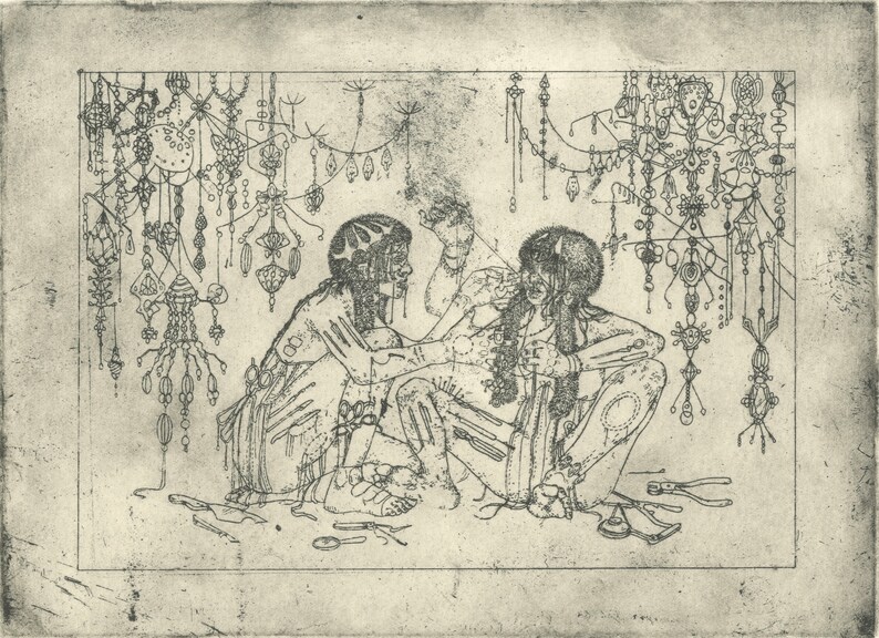 May include: A black and white etching of two figures sitting and interacting with each other. The figures are surrounded by intricate, detailed, and geometric patterns.