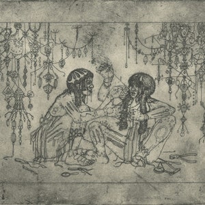 May include: Two figures are seated facing each other, working on intricate beaded jewellery. The figures are surrounded by a variety of hanging beaded ornaments, some with geometric shapes and others with more organic forms. The scene is rendered in a black and white style, giving it a vintage feel.