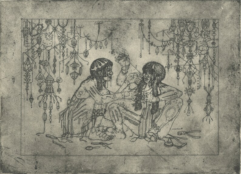 May include: Two figures are seated facing each other, working on intricate beaded jewellery. The figures are surrounded by a variety of hanging beaded ornaments, some with geometric shapes and others with more organic forms. The scene is rendered in a black and white style, giving it a vintage feel.