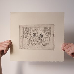 May include: A black and white etching depicting two people seated in conversation. They are surrounded by elaborate designs and patterns.