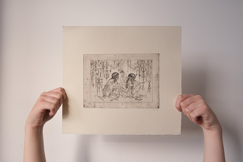 May include: A black and white etching depicting two people seated in conversation. They are surrounded by elaborate designs and patterns.