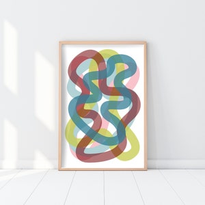 May include: Abstract art print in a wooden frame. The artwork features overlapping, flowing shapes in shades of red, brown, blue, green, and pink. The design is set against a white background, creating a modern and colorful aesthetic.
