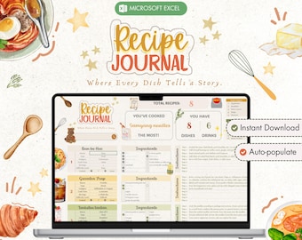 Könnte beinhalten: Eine digitale druckbare Rezeptjournal-Vorlage in einem hellgrünen und braunen Farbschema. Die Vorlage ist so konzipiert, dass Rezepte, Zutaten und Anweisungen verfolgt werden können. Die Vorlage enthält eine Titelseite mit dem Text "Recipe Journal" und dem Slogan "Where Every Dish Tells a Story." Die Vorlage enthält auch einen Abschnitt zur Verfolgung der Gesamtzahl der Rezepte, der zubereiteten Rezepte sowie der verzehrten Gerichte und Getränke. Die Vorlage steht zum sofortigen Download bereit und füllt sich automatisch.
