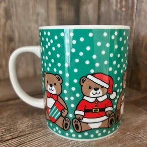 Vintage 80s Teddy Bear Christmas Santa Ceramic Coffee Mug Cup Hong Kong