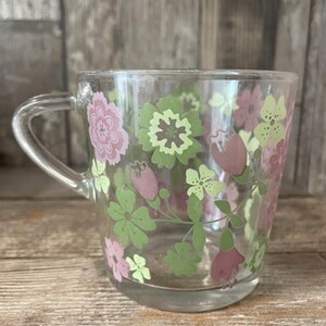 Vintage IKEA Ideell Glas Kaffeetasse Becher mit rosa grünem Blumenmuster