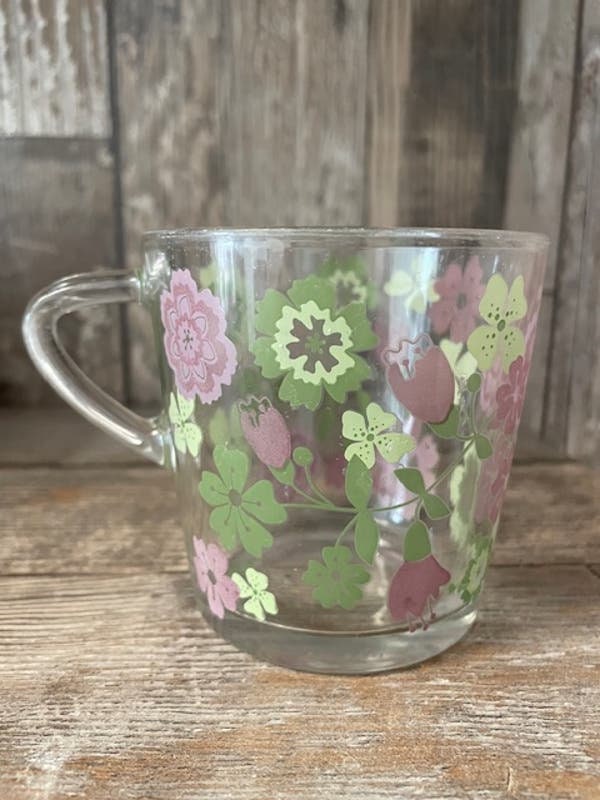 Vintage IKEA Ideell Glas Kaffeetasse Becher mit rosa grünem Blumenmuster