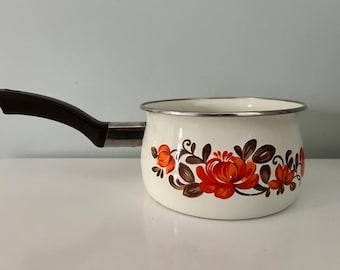 Olla esmaltada vintage Sanko de los años 70 con diseño floral naranja y marrón