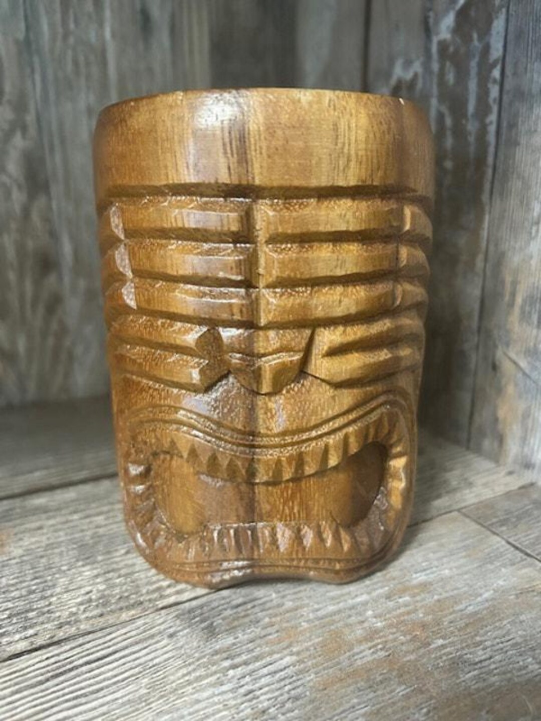 Vintage 60s 70s Wooden Hand Carved Tiki Mug - Etsy