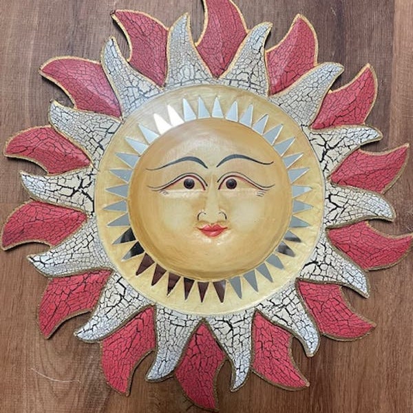 Vintage 90s Folk Art Celestial Sun Face Wooden Wall Hanging with Mirror Tiles