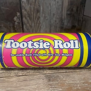 Vintage Tootsie Roll Candy Pink Yellow Psychedelic Swirl Coin Bank