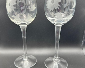Vintage Pair of Crystal Stemware Floral Wine Glasses with Etched Flowers
