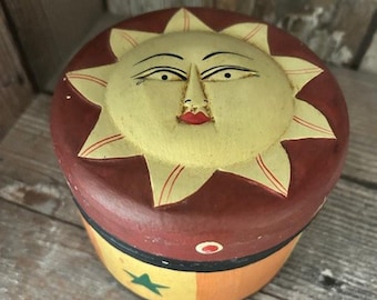 Vintage 90s Celestial Sun Round Trinket Box Canister Lid Made in Indonesia
