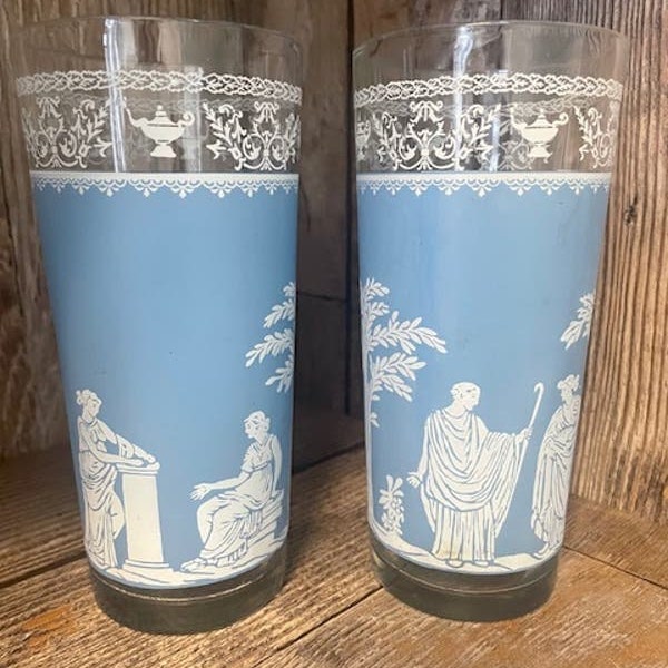 Vintage Jeanette Jasperware Blue and White Hellenic Greek Glasses Tumblers