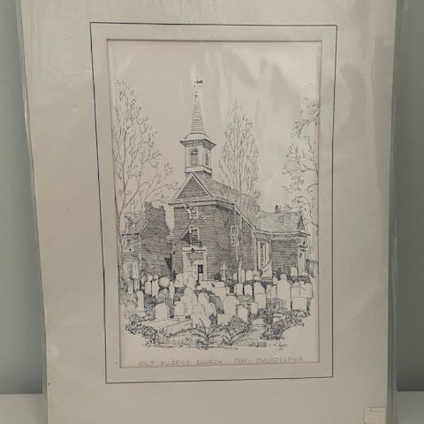 Vintage 1970 C.M. Goff Old Swedes Church Philadelphia Matted Ink Print