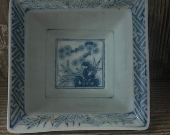 Vintage Blue and White Asian Painted Porcelain Square Bird Cherry Blossom Bowl