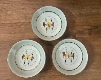 Juego de 3 cuencos de postre de fruta vintage de los años 40 pintados a mano con acabado ámbar brillante de Stangl Pottery