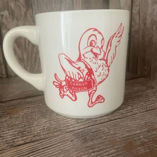 Kitschy Carrier Pigeon mailbag coffee mug