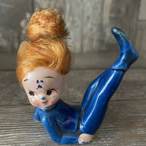 Vintage Napcoware blue Christmas pixie elf figurine with red hair