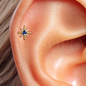 18G sierlijke saffierster labret met inwendig schroefdraad - oorbellen kraakbeen - helix stud - tragus stud - conch piercing - platte achterkant oorbel