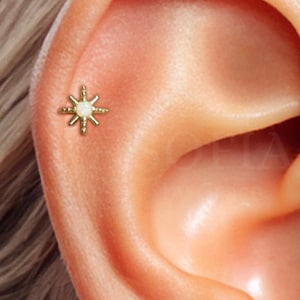 18G Dainty White Opal Star Internally Threaded Labret - Cartilage earrings - Helix Stud - Tragus Stud - Conch Piercing - Flat Back Earring