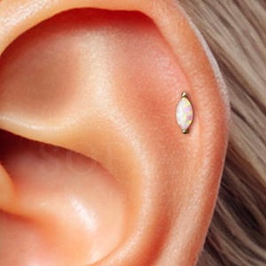 18G Tiny White Opal Internally Threaded Labret - Cartilage earrings - Helix Stud - Tragus Stud - Conch Piercing - Flat Back Earring