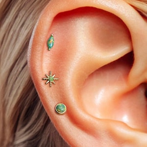 Juego de pendientes de ópalo verde jardín de 18 g con parte trasera plana (juego de 3) - pendientes de ópalo para cartílago - pendientes de hélice - pendientes de trago - regalo para ella - juego de regalo
