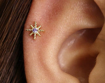 18G Alexandrite Star Internally Threaded Labret - Piercing - Cartilage Earring - Helix - Tragus - Flat Back Earring - Minimalist